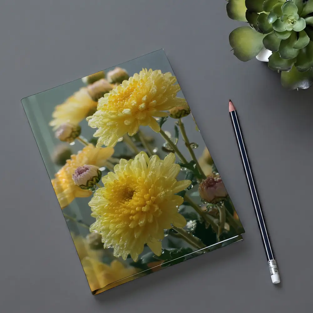 Yellow Chrysanthemums With Water Drops Gray Background – Notebooks