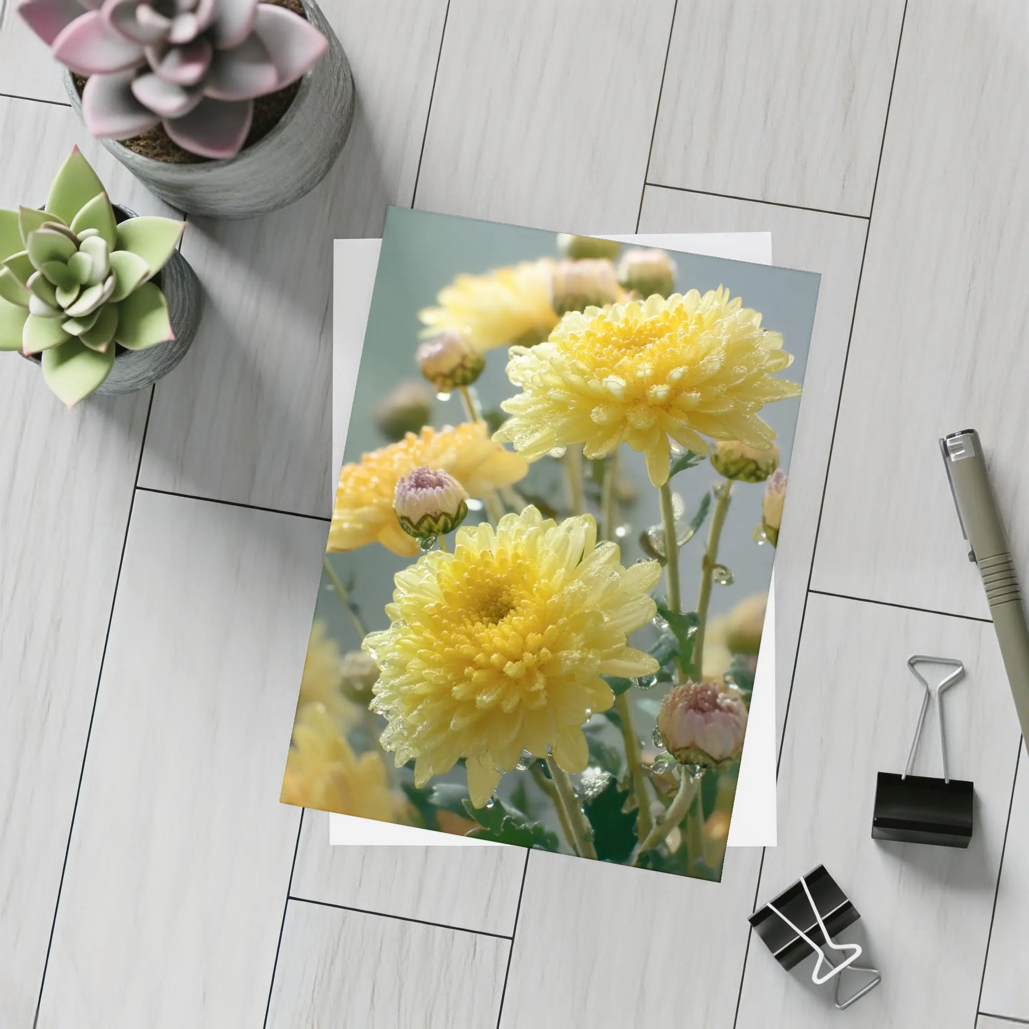 Yellow Chrysanthemums With Water Drops Gray Background – Postcards