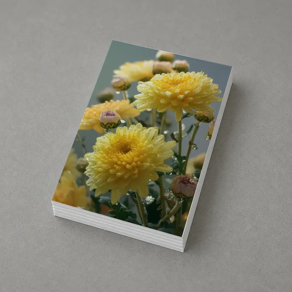 Yellow Chrysanthemums With Water Drops Gray Background – Postcards