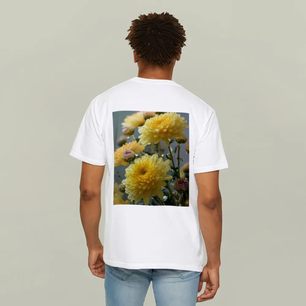 Yellow Chrysanthemums With Water Drops Gray Background – T-Shirts