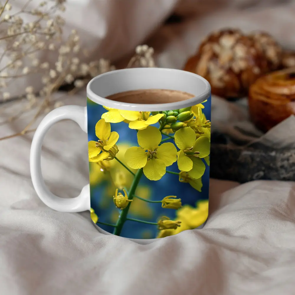 Yellow Rapeseed Flowers Against Blue Background – Mugs
