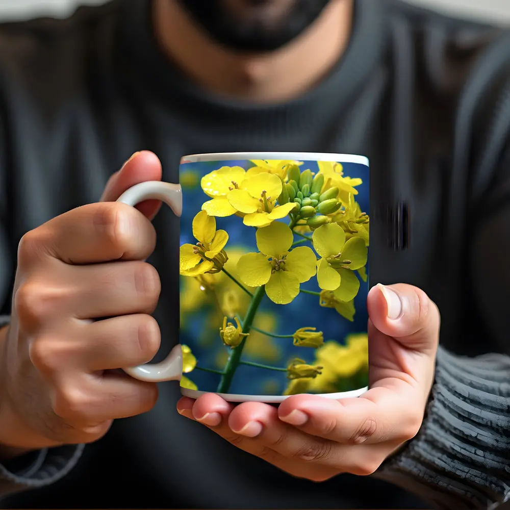 Yellow Rapeseed Flowers Against Blue Background – Mugs