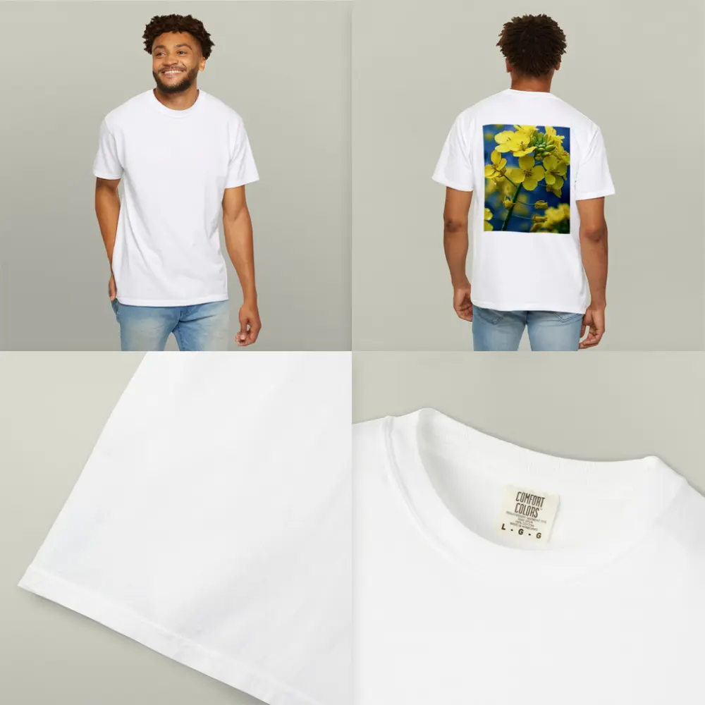 Yellow Rapeseed Flowers Against Blue Background – T-Shirts