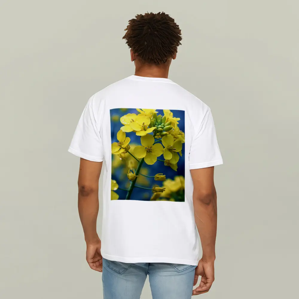 Yellow Rapeseed Flowers Against Blue Background – T-Shirts