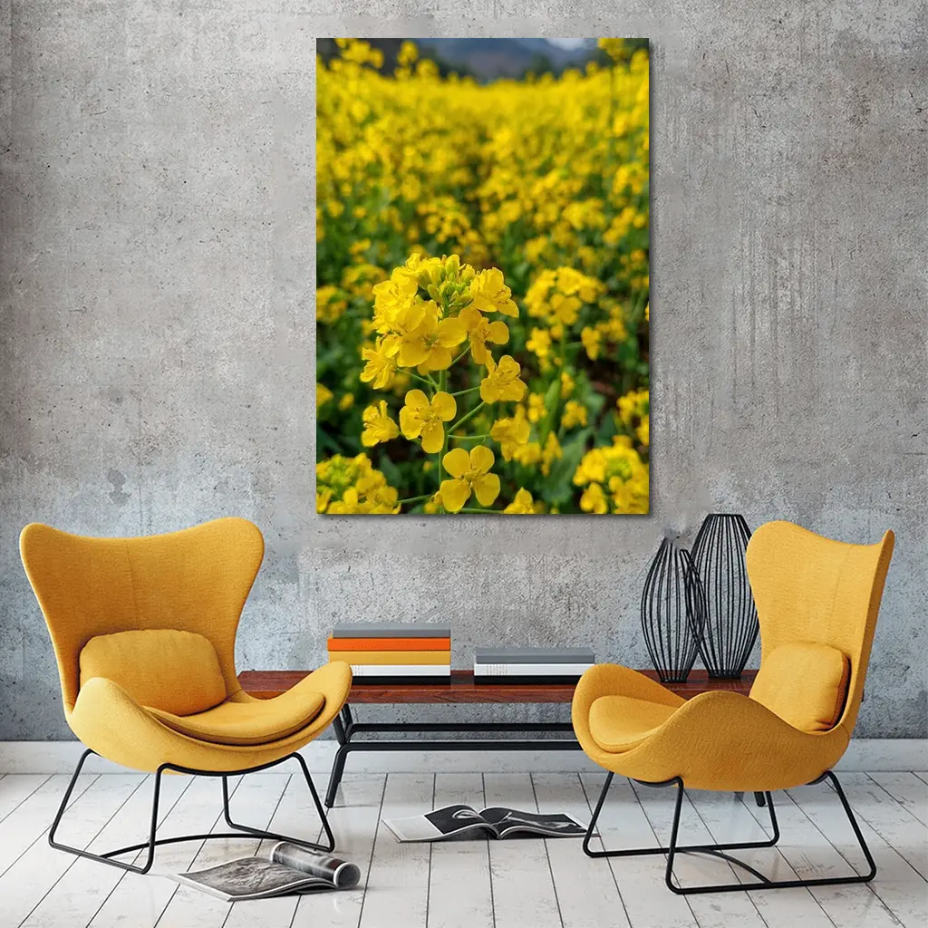 Yellow Rapeseed Flowers Field Mountain Background – Wall Art