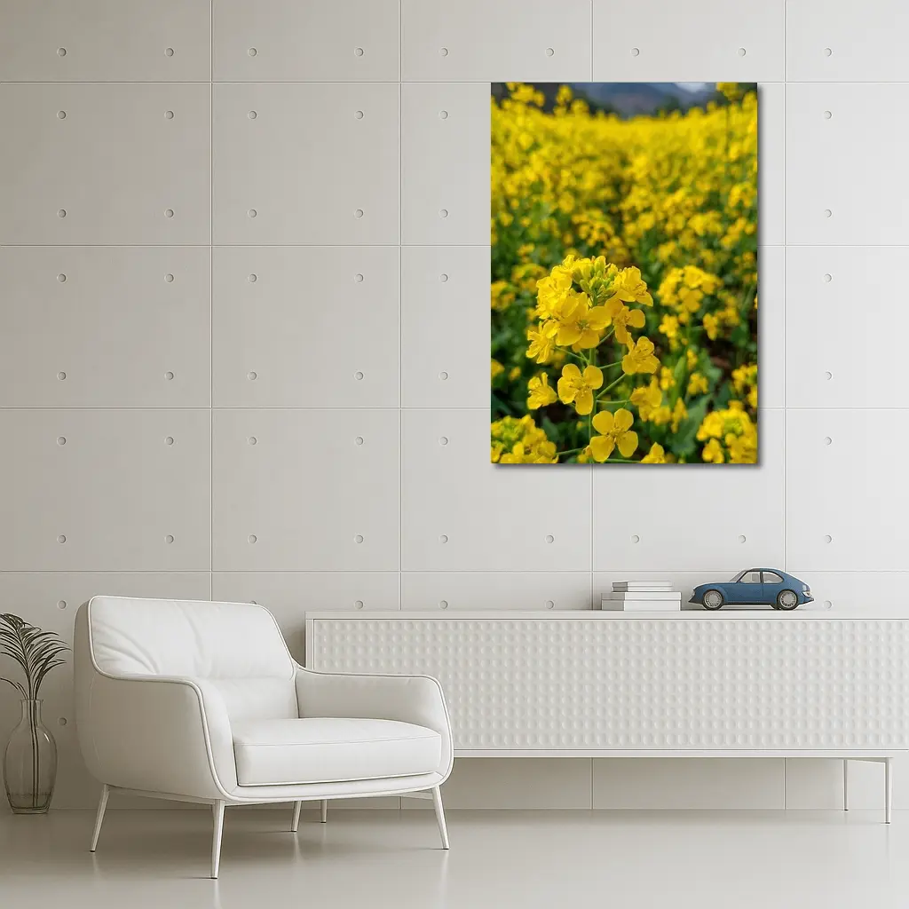 Yellow Rapeseed Flowers Field Mountain Background – Wall Art