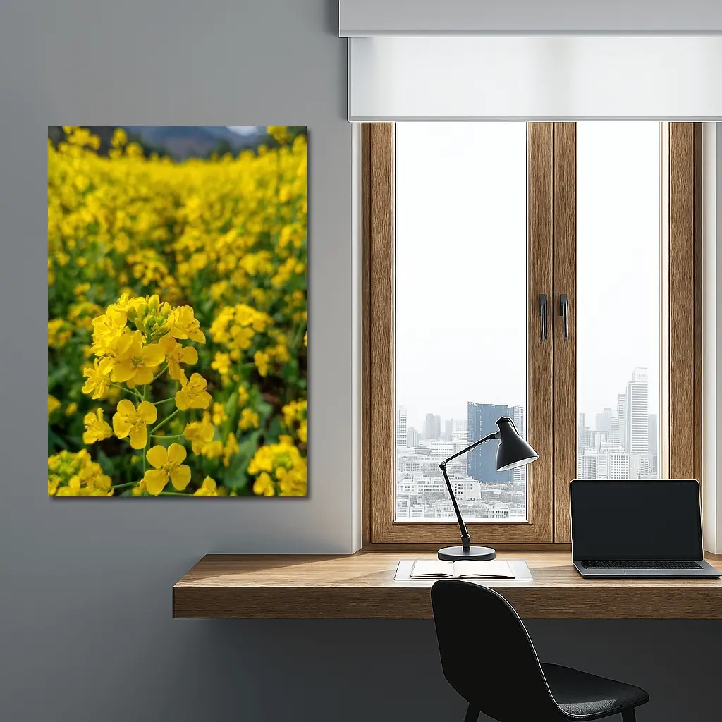 Yellow Rapeseed Flowers Field Mountain Background – Wall Art
