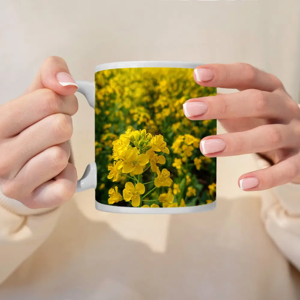 Yellow Rapeseed Flowers Field Mountain Background – Mugs