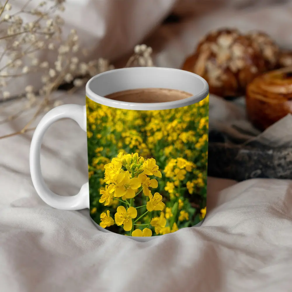 Yellow Rapeseed Flowers Field Mountain Background – Mugs