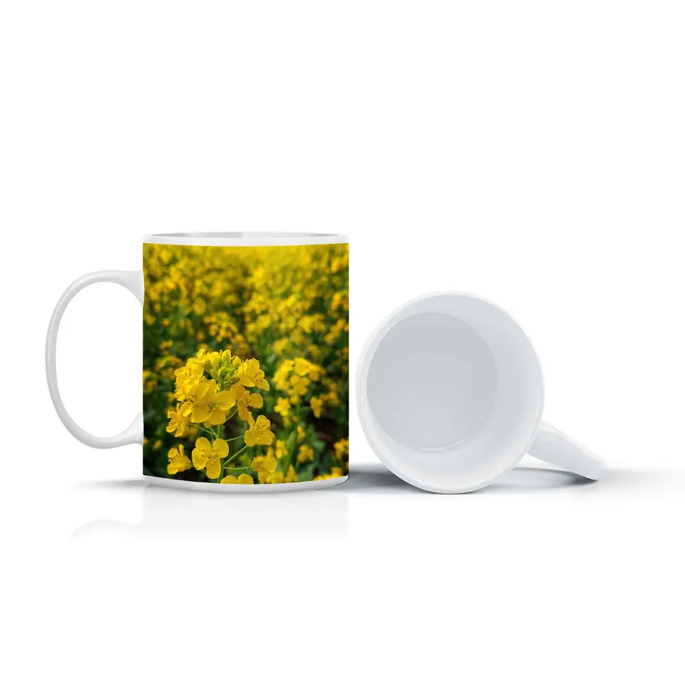 Yellow Rapeseed Flowers Field Mountain Background – Mugs