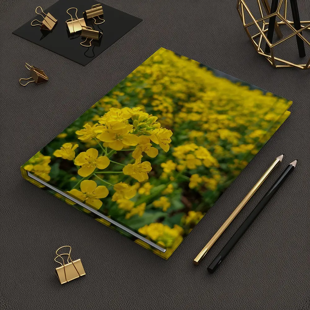 Yellow Rapeseed Flowers Field Mountain Background – Notebooks