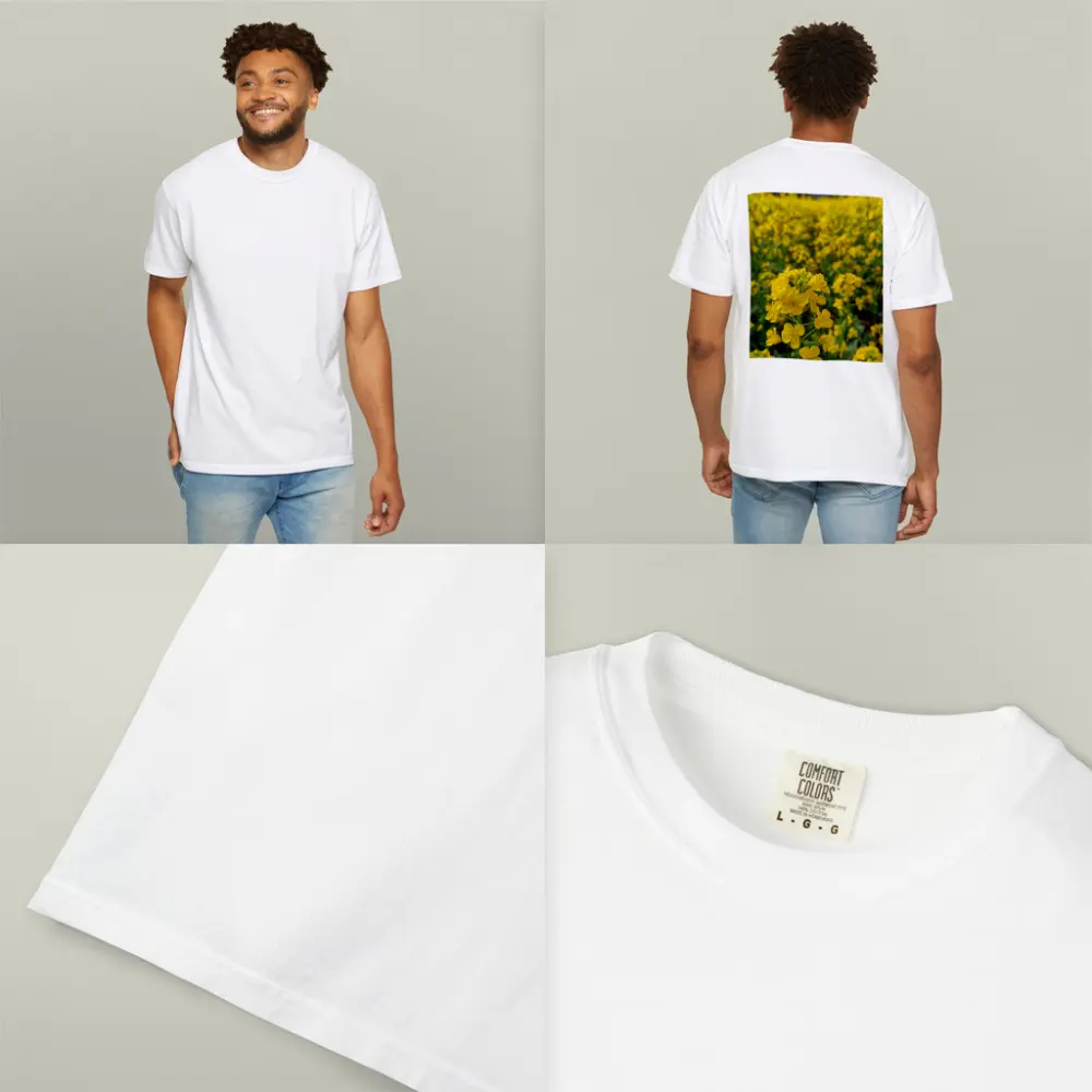 Yellow Rapeseed Flowers Field Mountain Background – T-Shirts