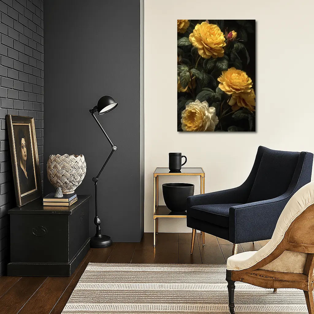 Yellow Roses Dark Botanical Garden Oil Painting – Wall Art