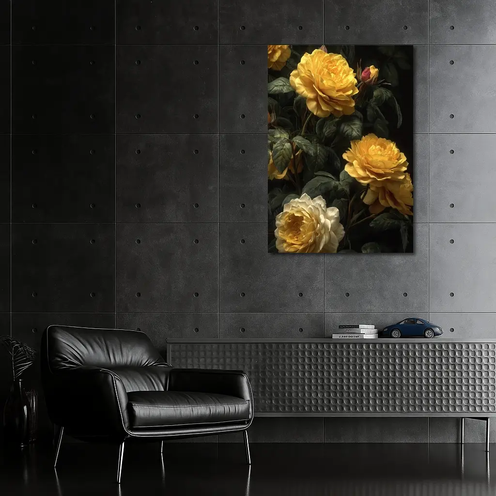 Yellow Roses Dark Botanical Garden Oil Painting – Wall Art
