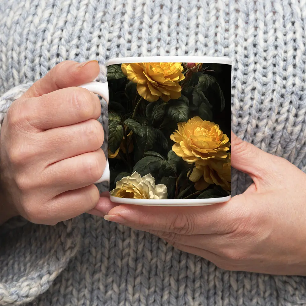 Yellow Roses Dark Botanical Garden Oil Painting – Mugs