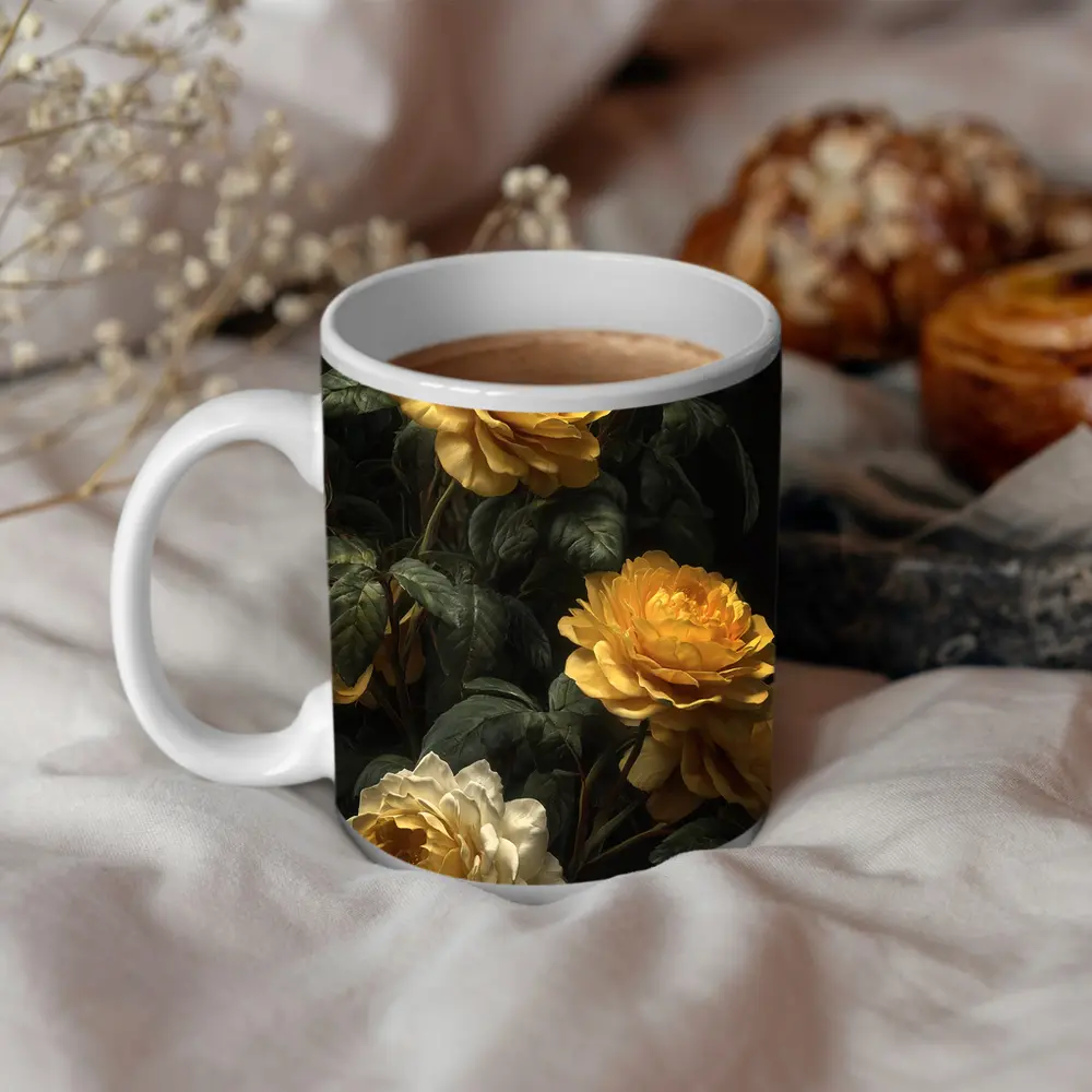 Yellow Roses Dark Botanical Garden Oil Painting – Mugs