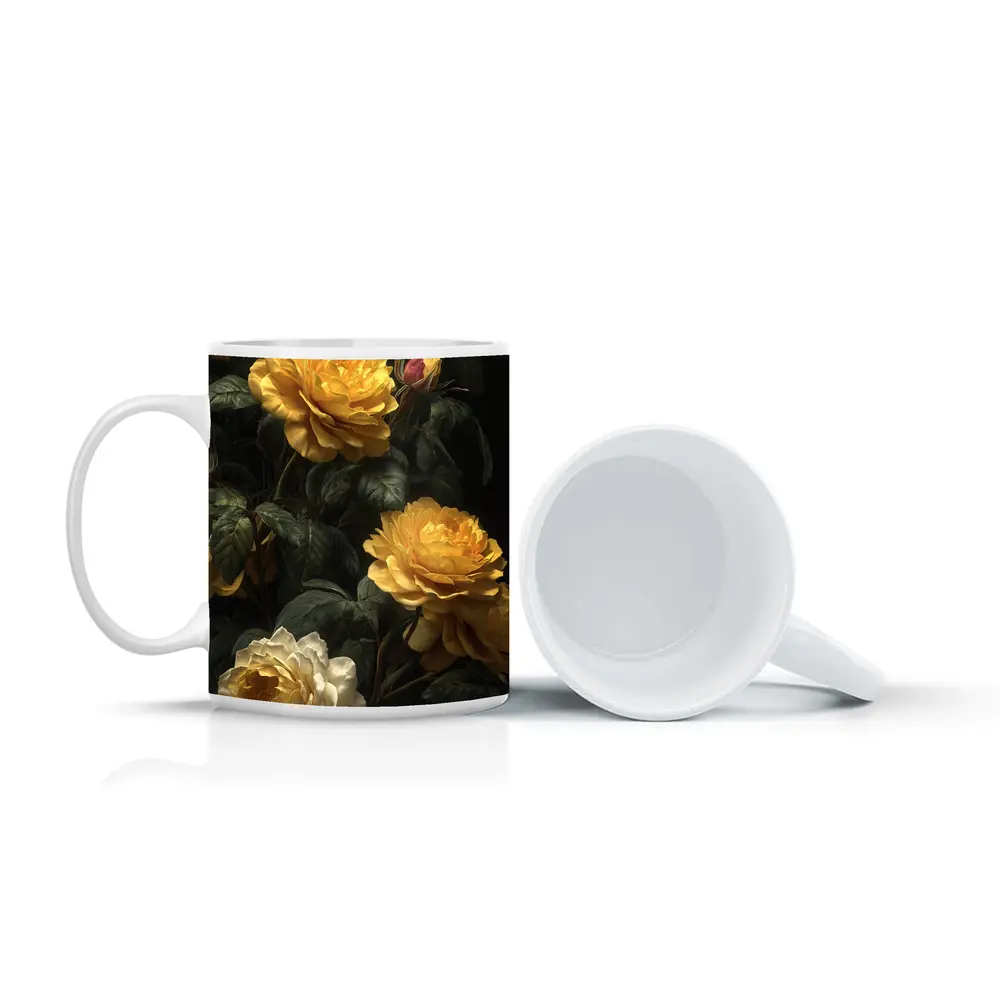 Yellow Roses Dark Botanical Garden Oil Painting – Mugs