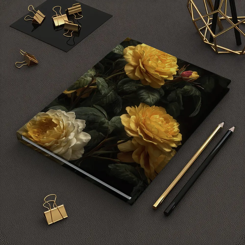 Yellow Roses Dark Botanical Garden Oil Painting – Notebooks