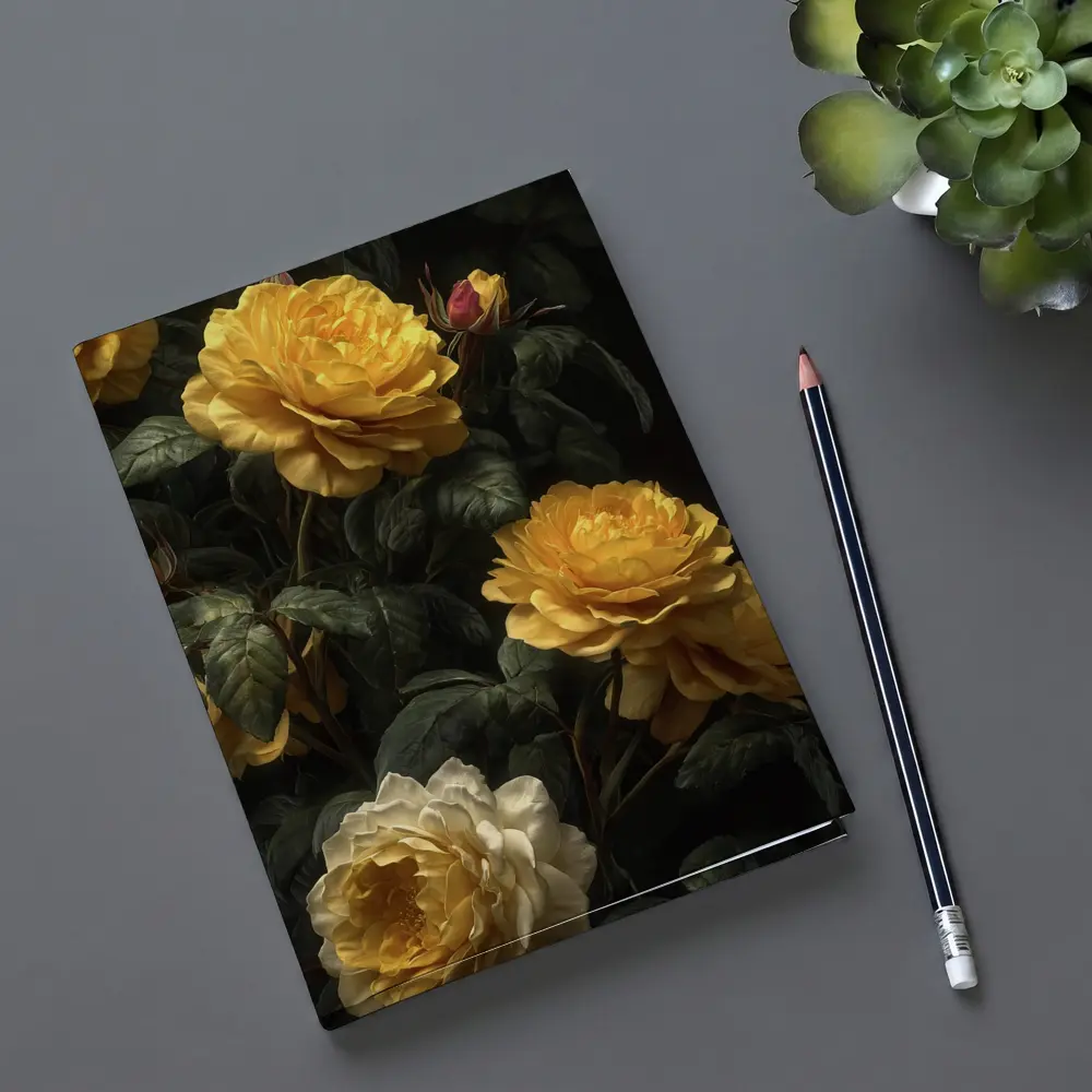 Yellow Roses Dark Botanical Garden Oil Painting – Notebooks