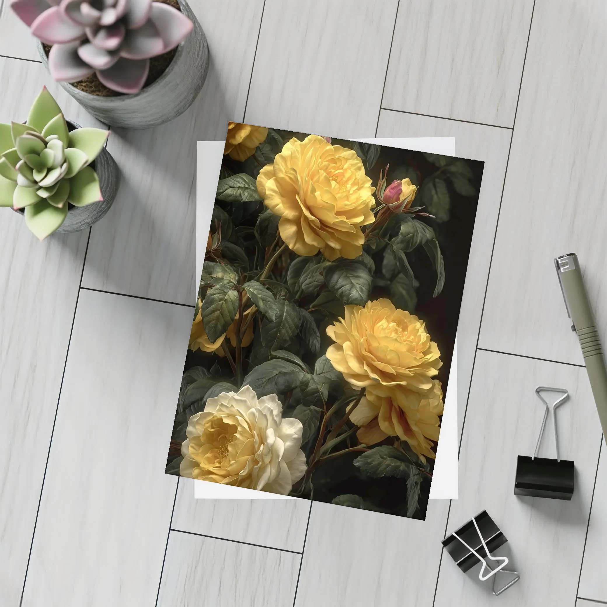 Yellow Roses Dark Botanical Garden Oil Painting – Postcards