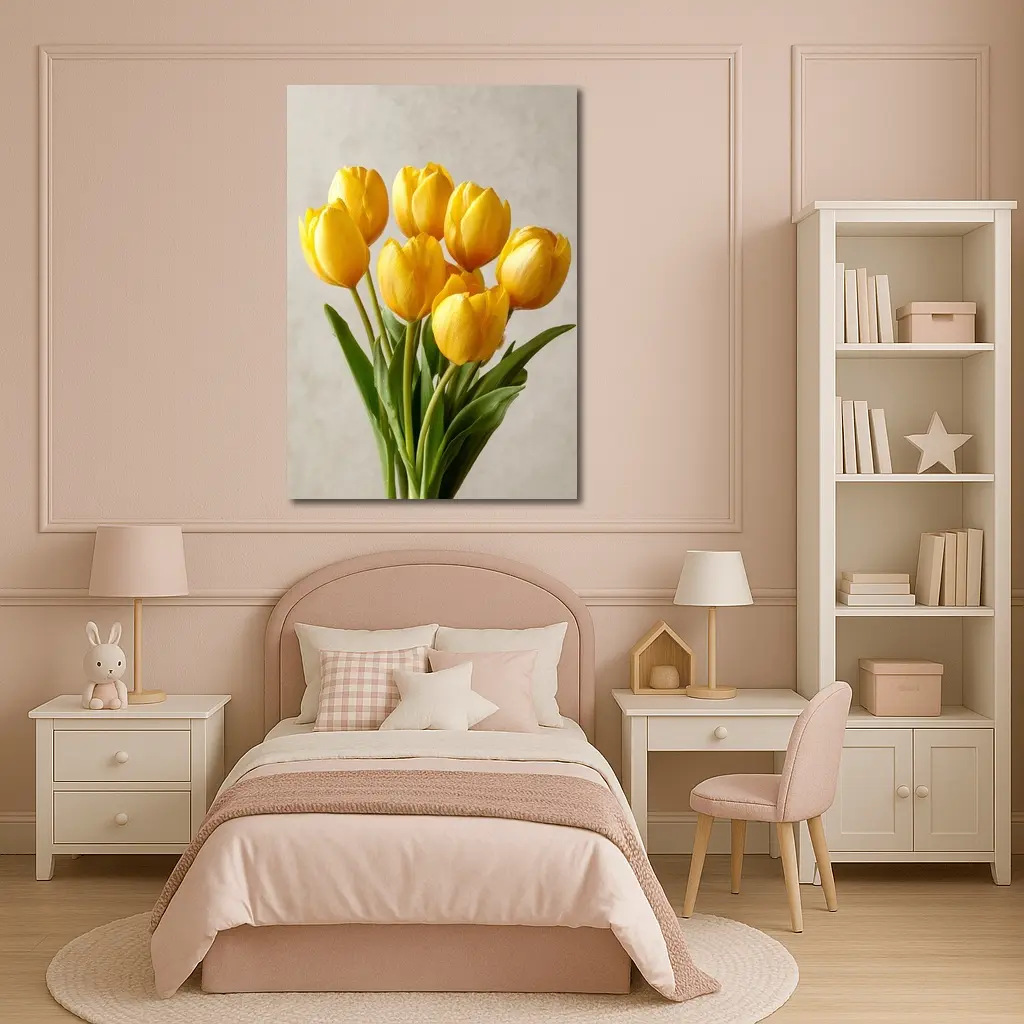 Yellow Tulips Bouquet On Beige Background – Wall Art