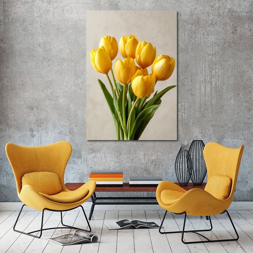 Yellow Tulips Bouquet On Beige Background – Wall Art