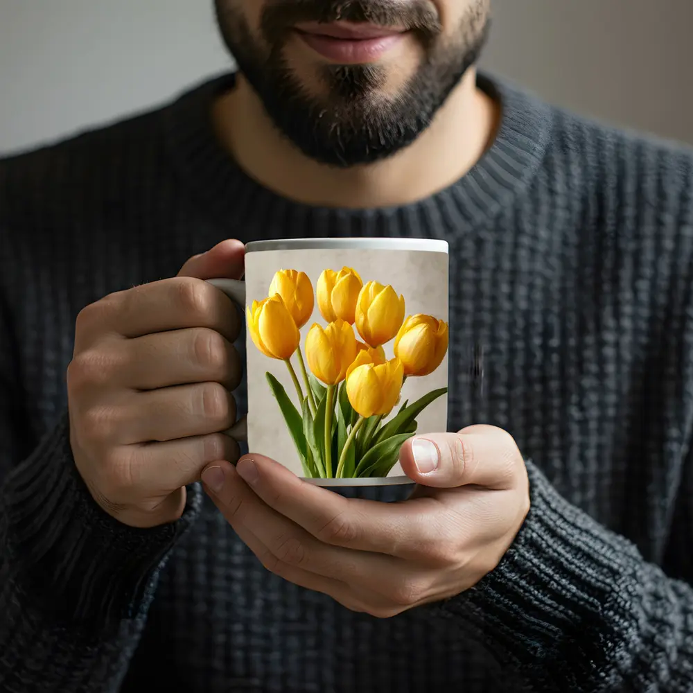 Yellow Tulips Bouquet On Beige Background – Mugs