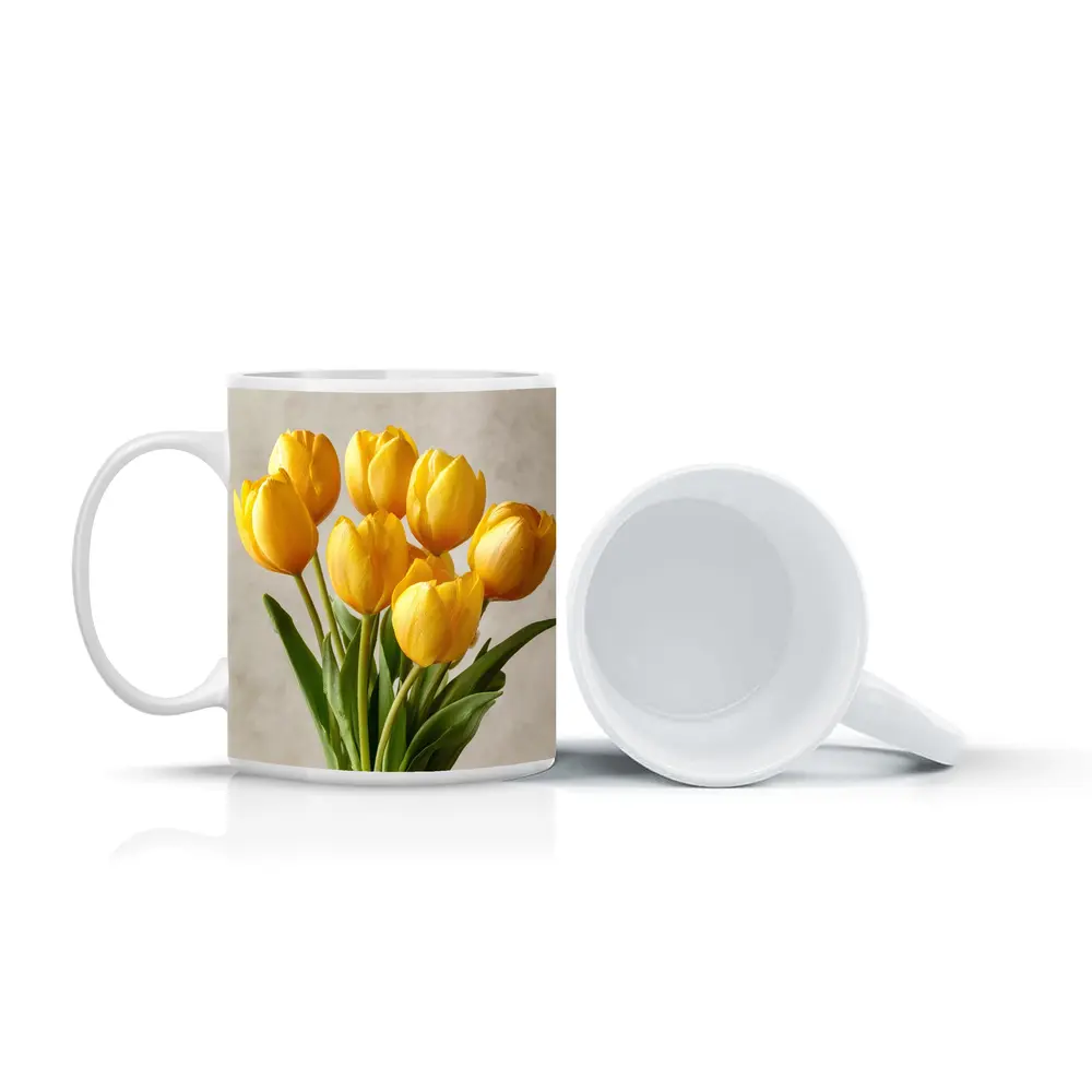 Yellow Tulips Bouquet On Beige Background – Mugs
