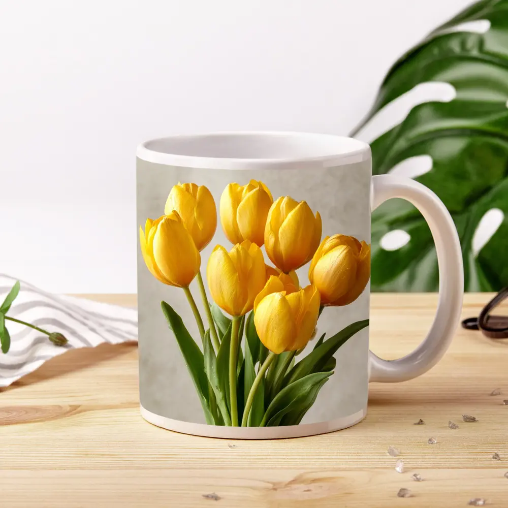 Yellow Tulips Bouquet On Beige Background – Mugs