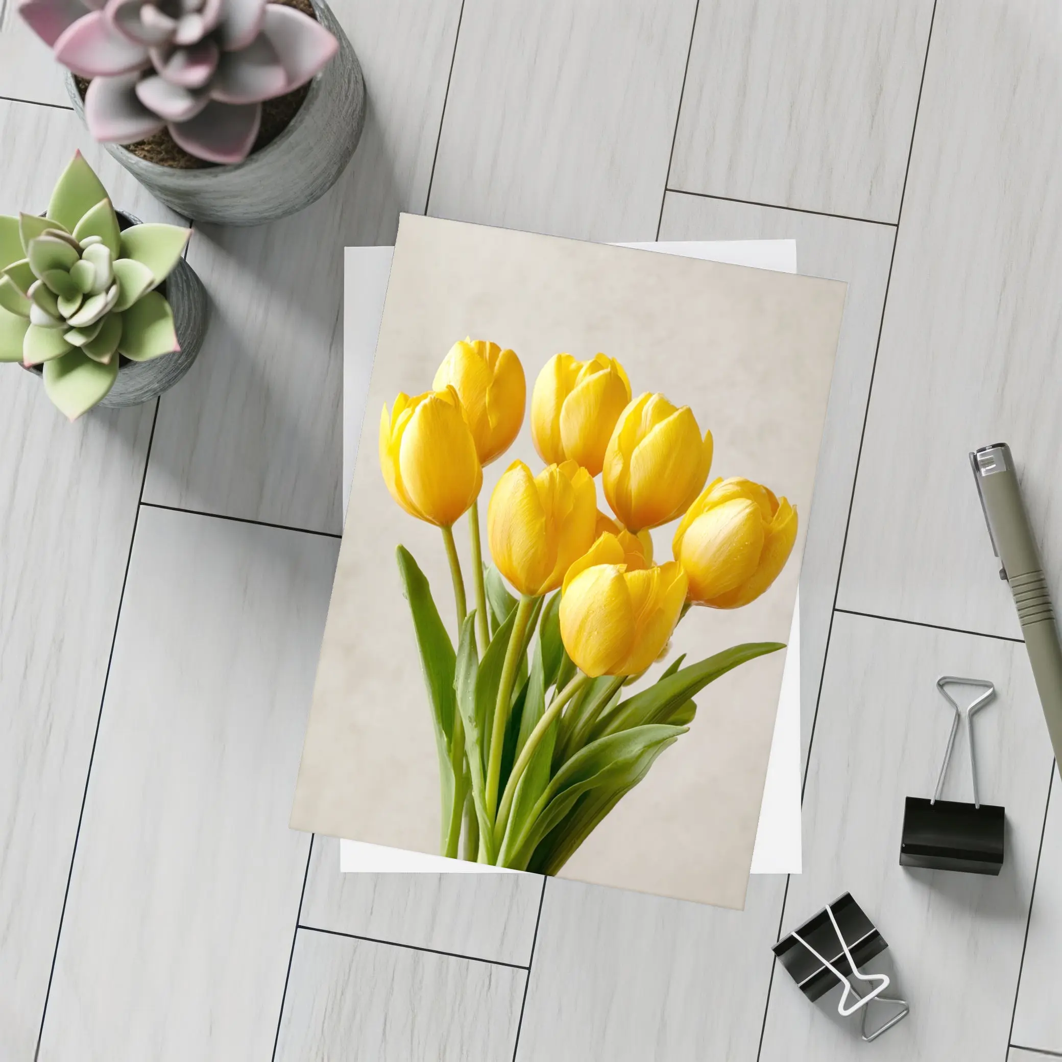 Yellow Tulips Bouquet On Beige Background – Postcards