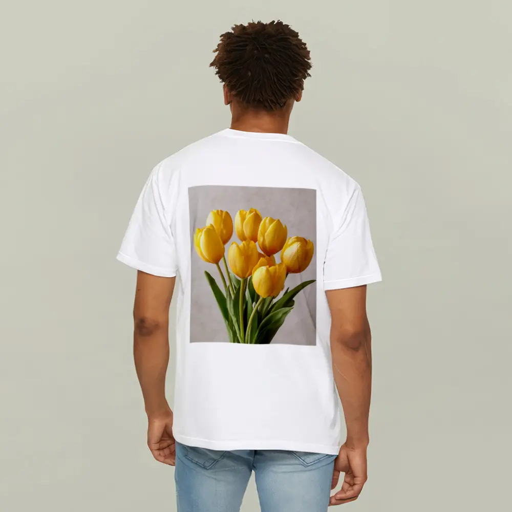 Yellow Tulips Bouquet On Beige Background – T-Shirts