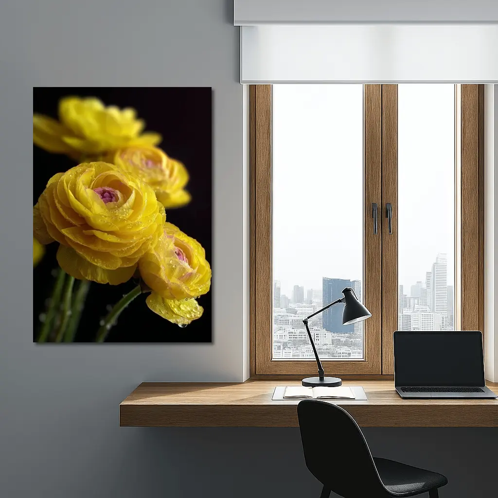 Yellow Ranunculus Flowers With Water Droplets – Wall Art