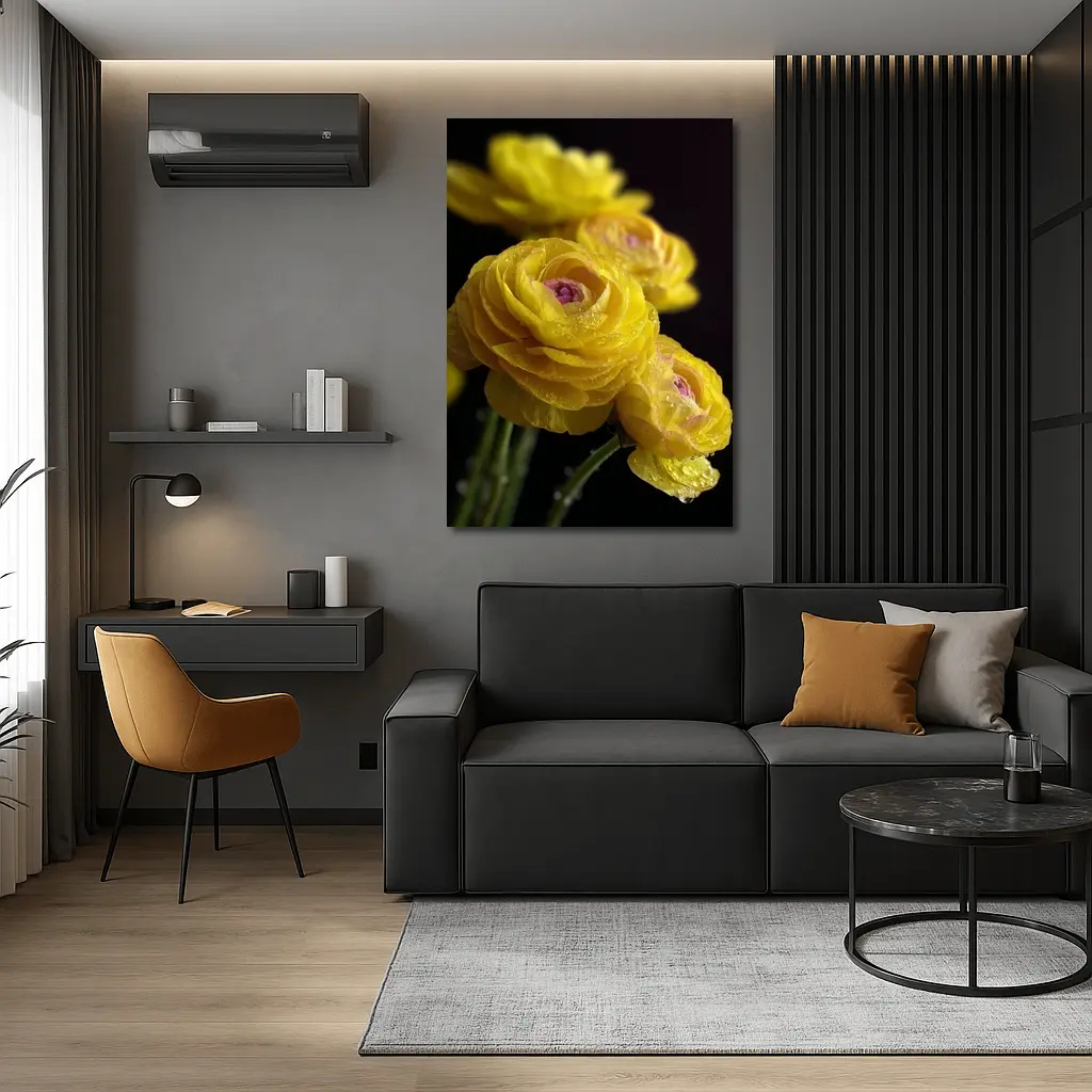 Yellow Ranunculus Flowers With Water Droplets – Wall Art