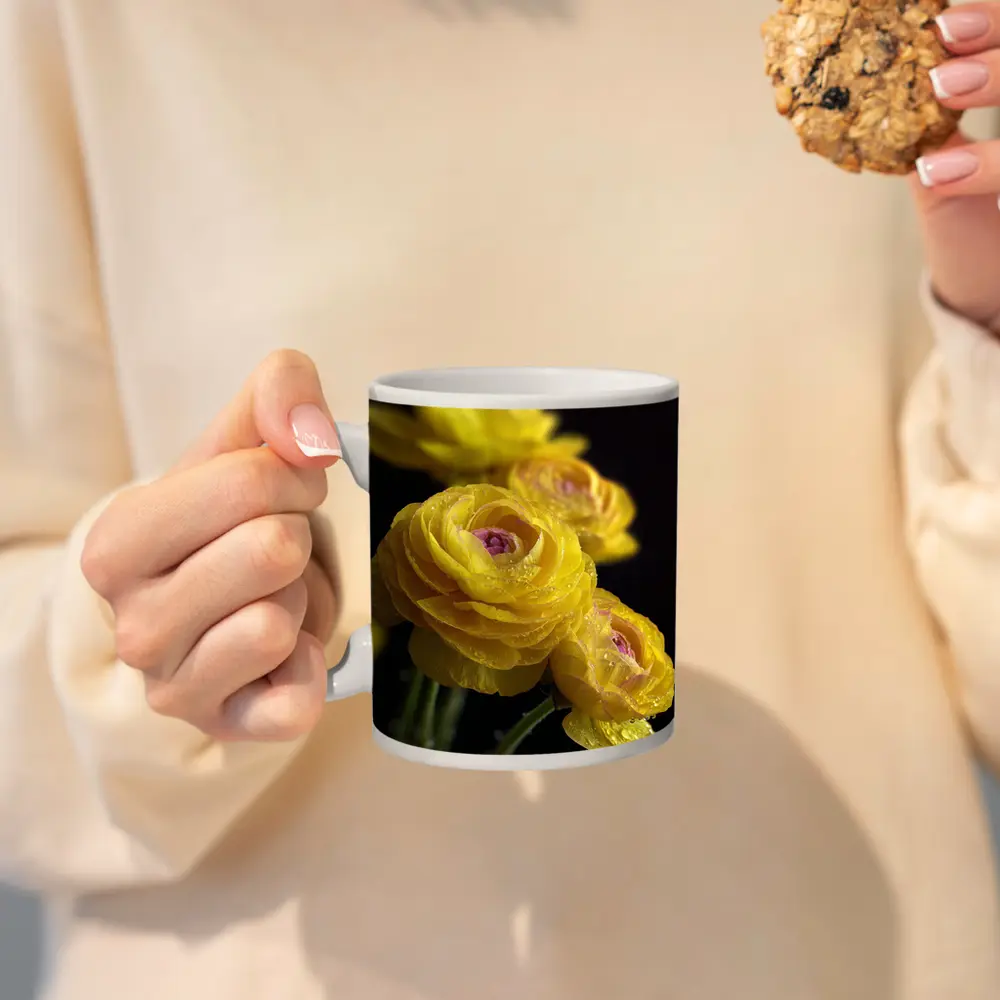 Yellow Ranunculus Flowers With Water Droplets – Mugs