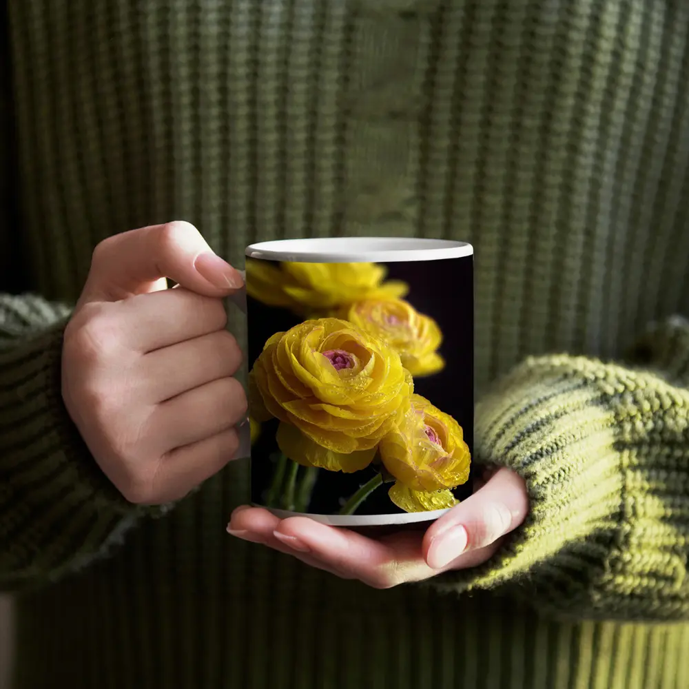 Yellow Ranunculus Flowers With Water Droplets – Mugs