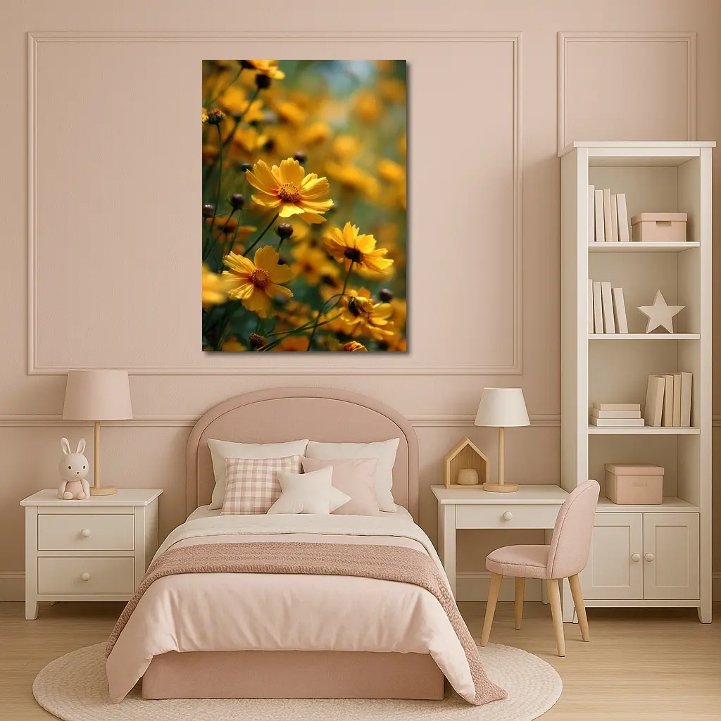 Yellow Coreopsis Flowers Green Blurred Garden Background – Wall Art
