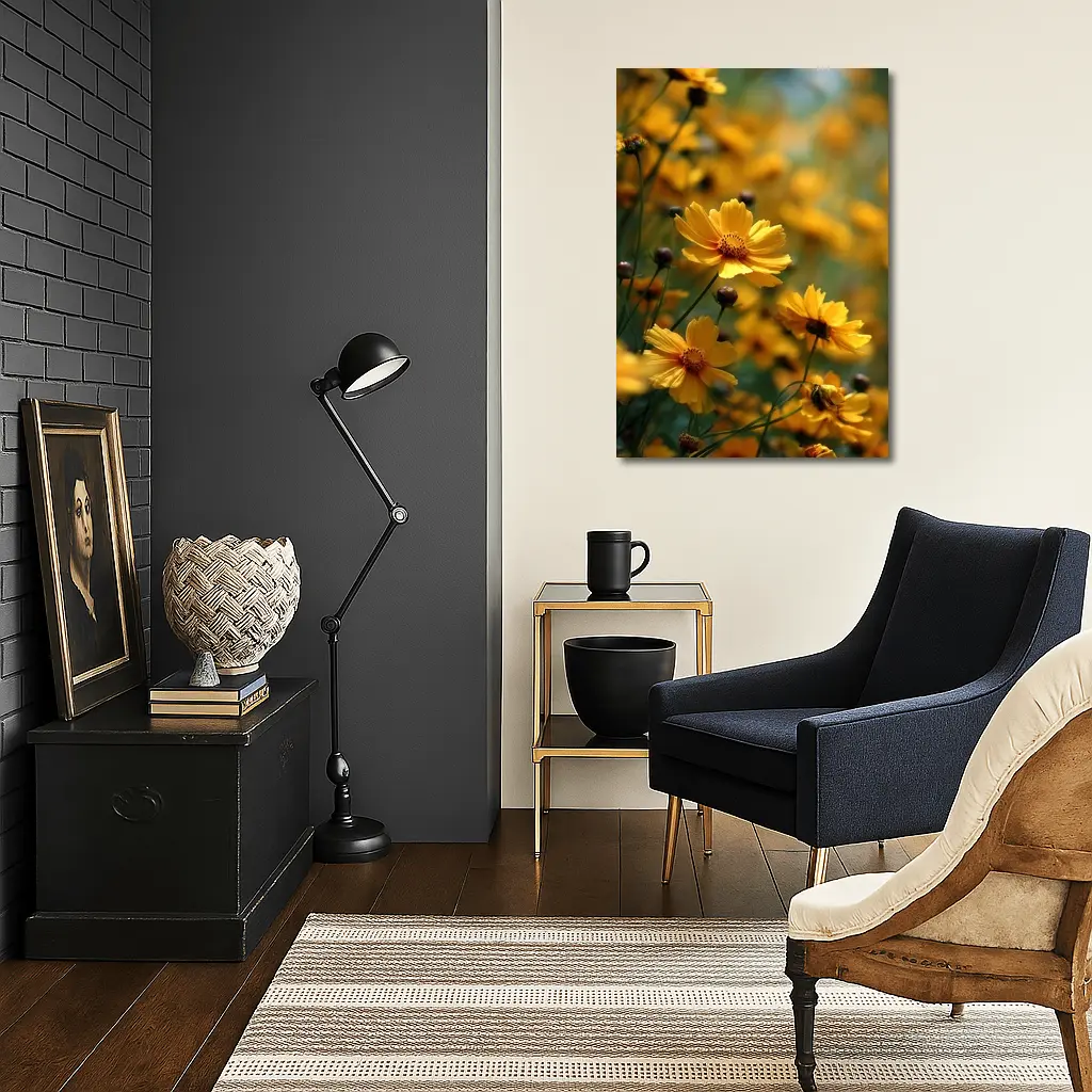 Yellow Coreopsis Flowers Green Blurred Garden Background – Wall Art