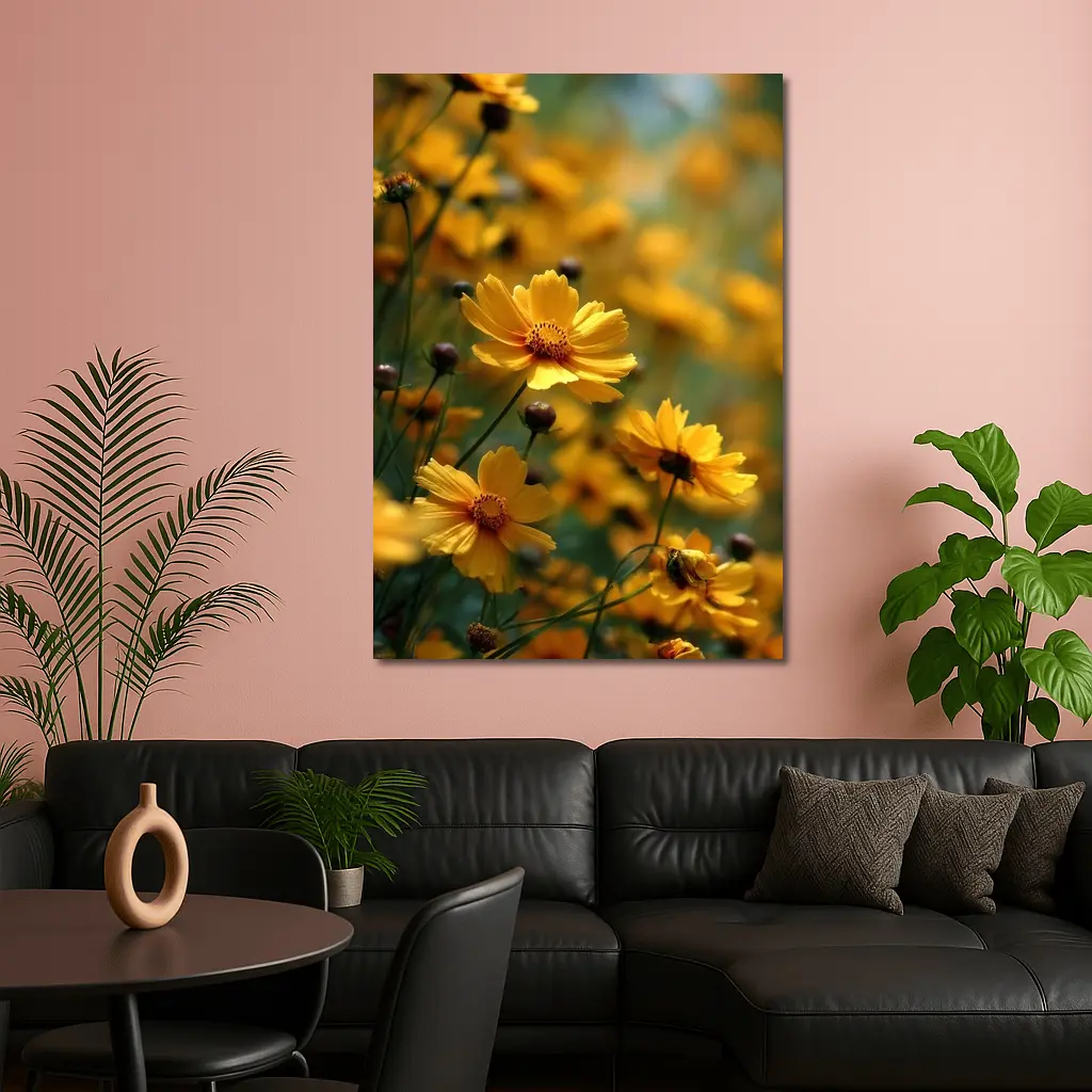 Yellow Coreopsis Flowers Green Blurred Garden Background – Wall Art