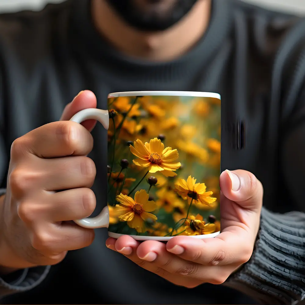 Yellow Coreopsis Flowers Green Blurred Garden Background – Mugs