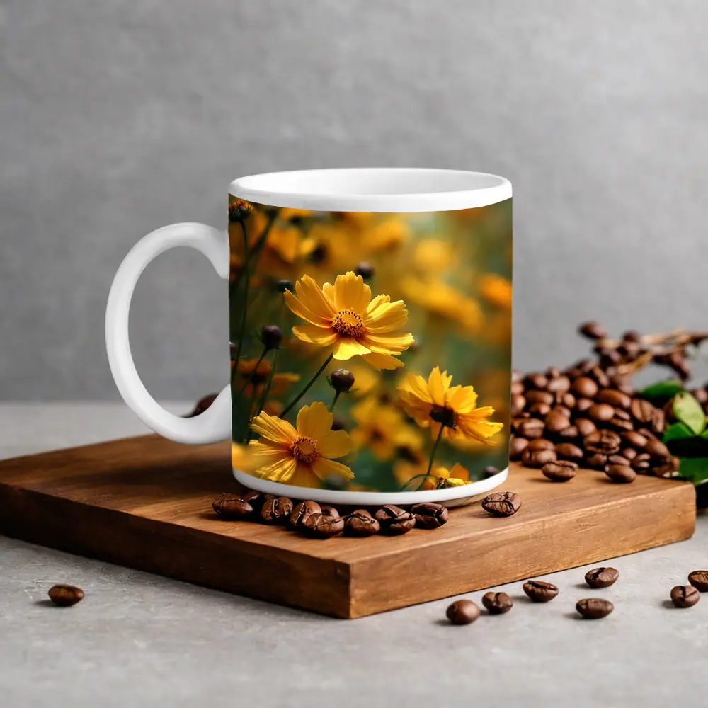 Yellow Coreopsis Flowers Green Blurred Garden Background – Mugs