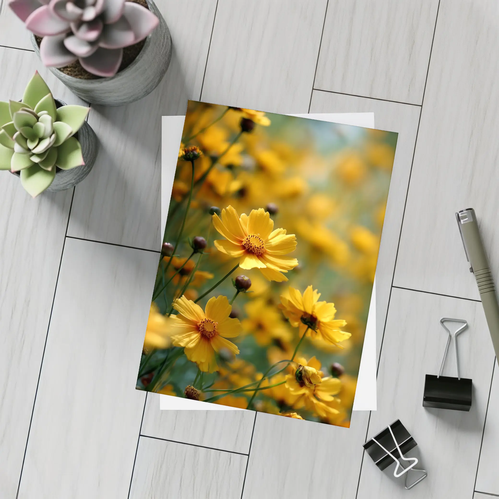 Yellow Coreopsis Flowers Green Blurred Garden Background – Postcards