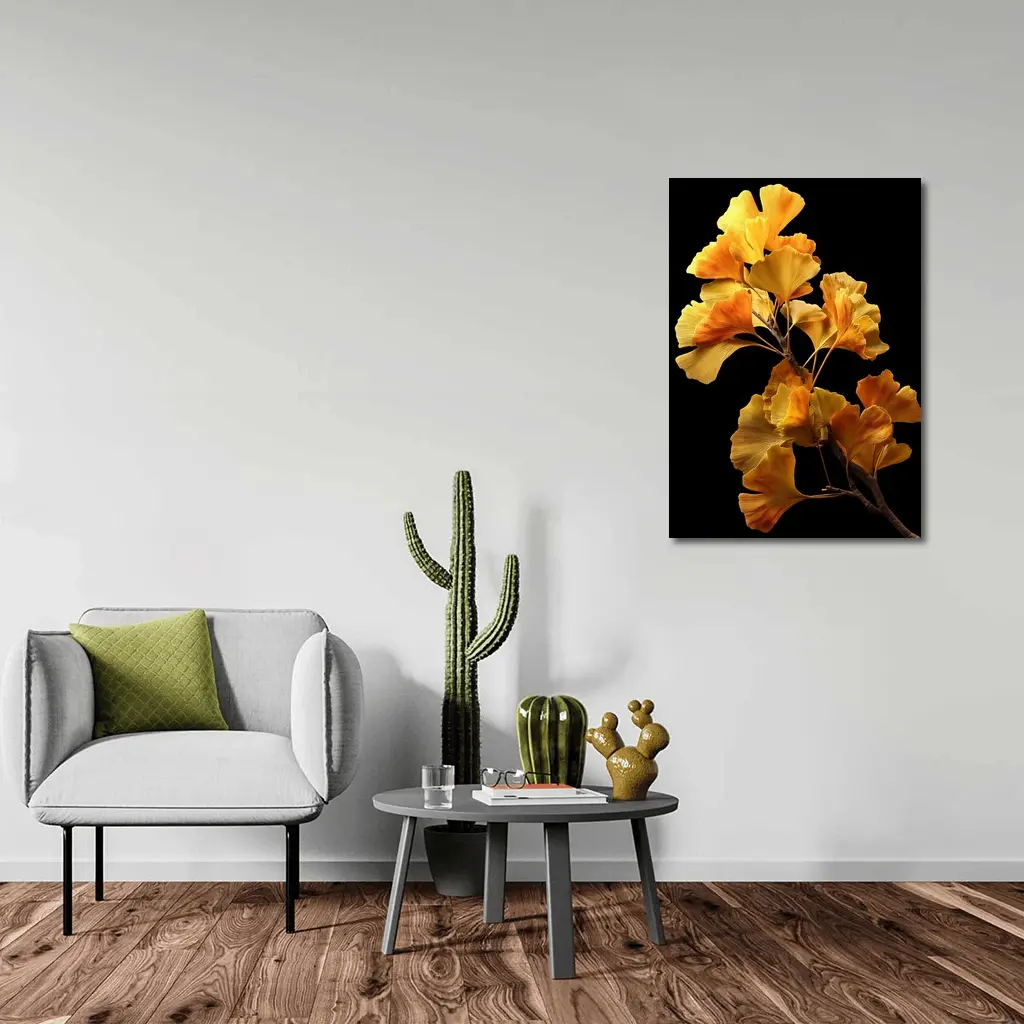 Golden Ginkgo Branch on Black Background – Wall Art