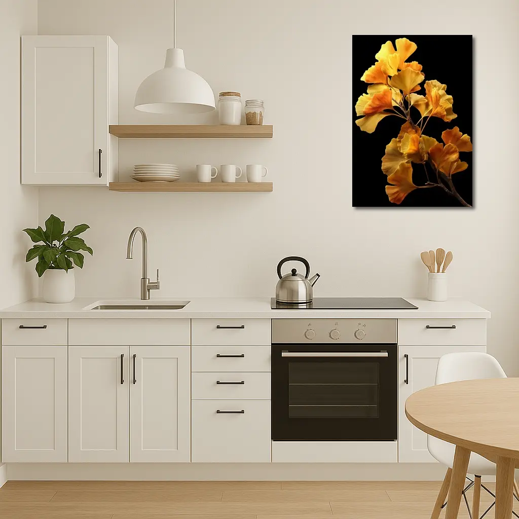 Golden Ginkgo Branch on Black Background – Wall Art