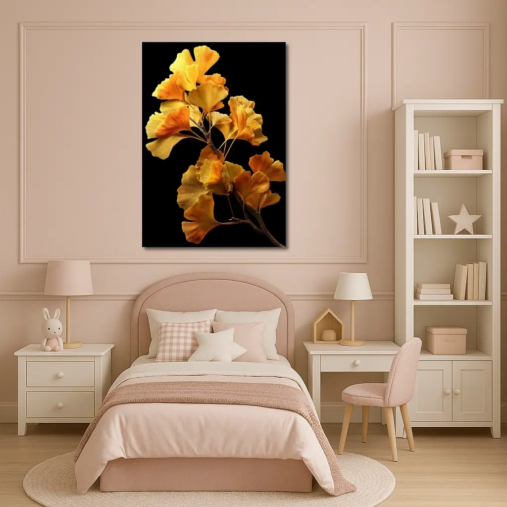 Golden Ginkgo Branch on Black Background – Wall Art