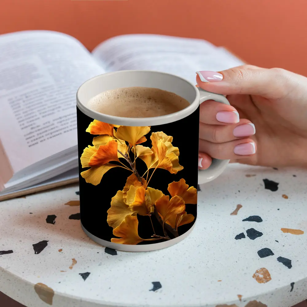Golden Ginkgo Branch on Black Background – Mugs