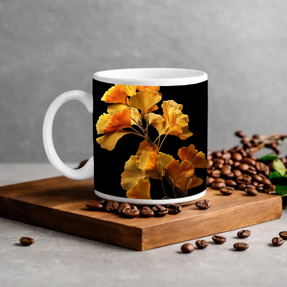 Golden Ginkgo Branch on Black Background – Mugs