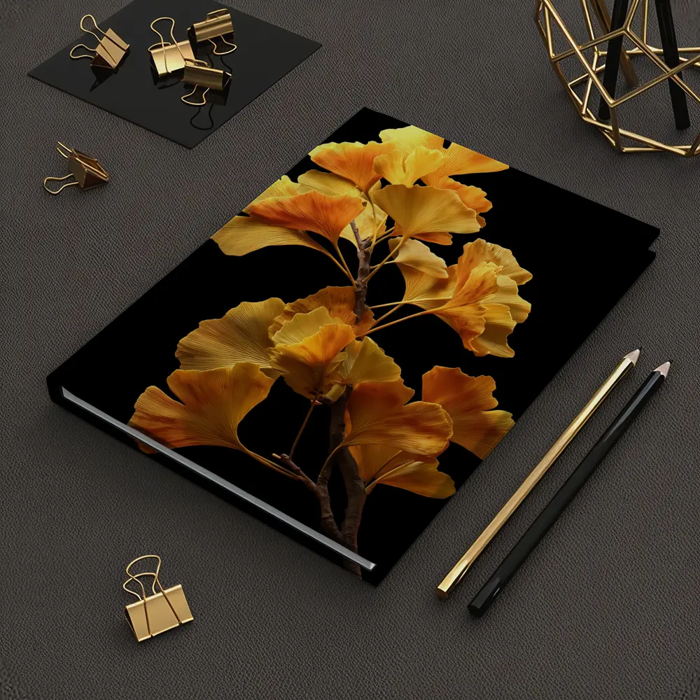Golden Ginkgo Branch on Black Background – Notebooks