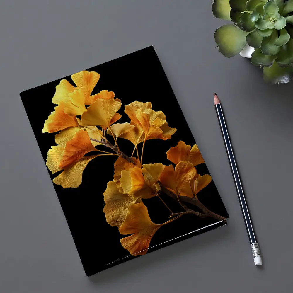 Golden Ginkgo Branch on Black Background – Notebooks