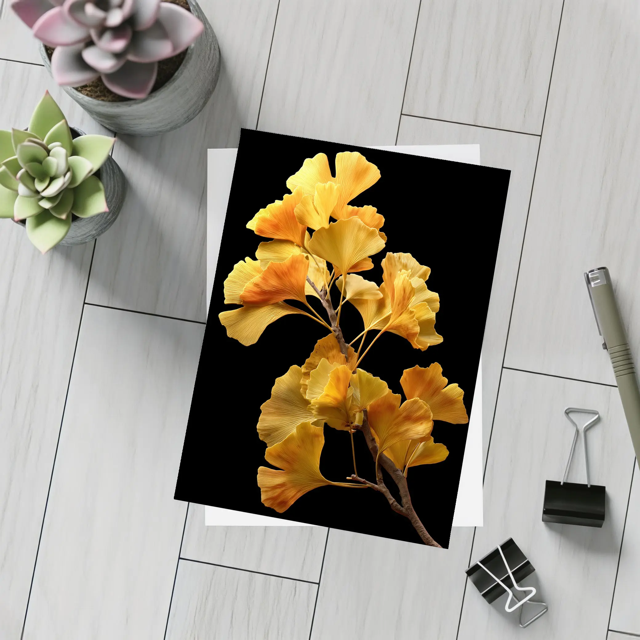 Golden Ginkgo Branch on Black Background – Postcards
