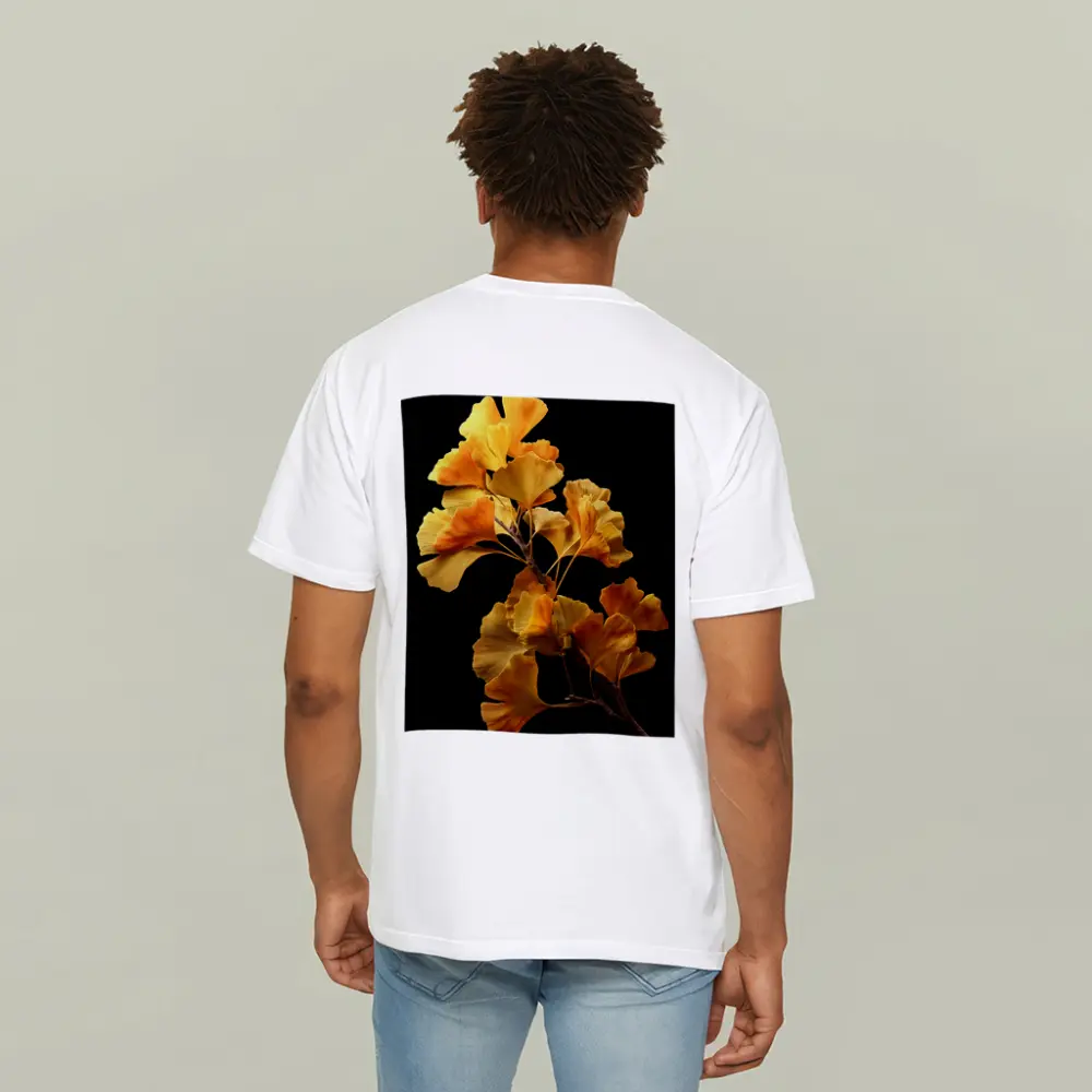 Golden Ginkgo Branch on Black Background – T-Shirts